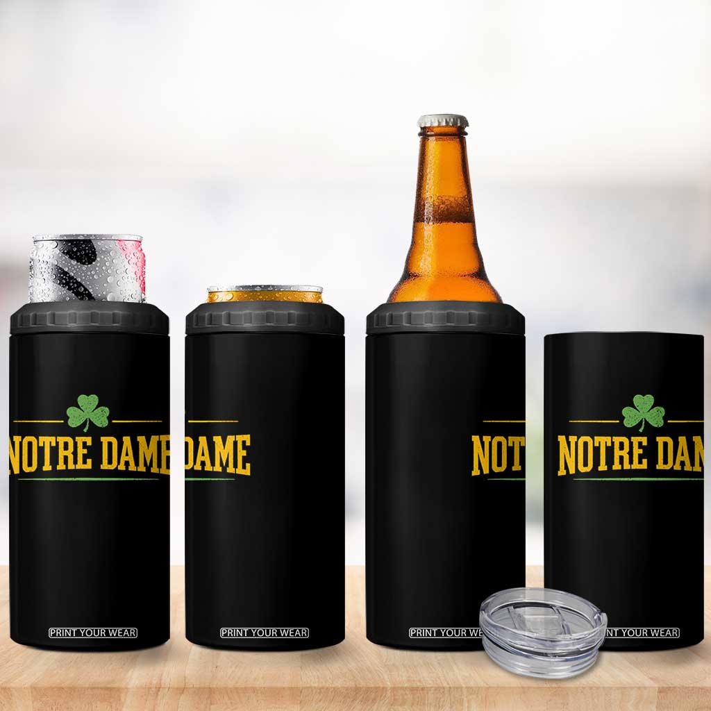 Notre Dame 4 in 1 Can Cooler Tumbler Vintage Varsity Sports IN State Gold Shamrock