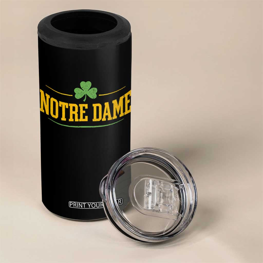 Notre Dame 4 in 1 Can Cooler Tumbler Vintage Varsity Sports IN State Gold Shamrock