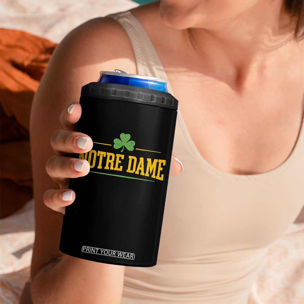 Notre Dame 4 in 1 Can Cooler Tumbler Vintage Varsity Sports IN State Gold Shamrock