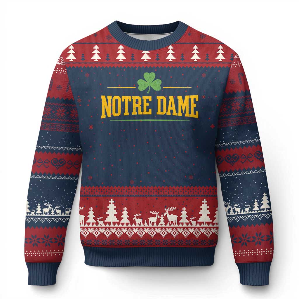 Notre Dame Ugly Christmas Sweater Vintage Varsity Sports IN State Gold Shamrock
