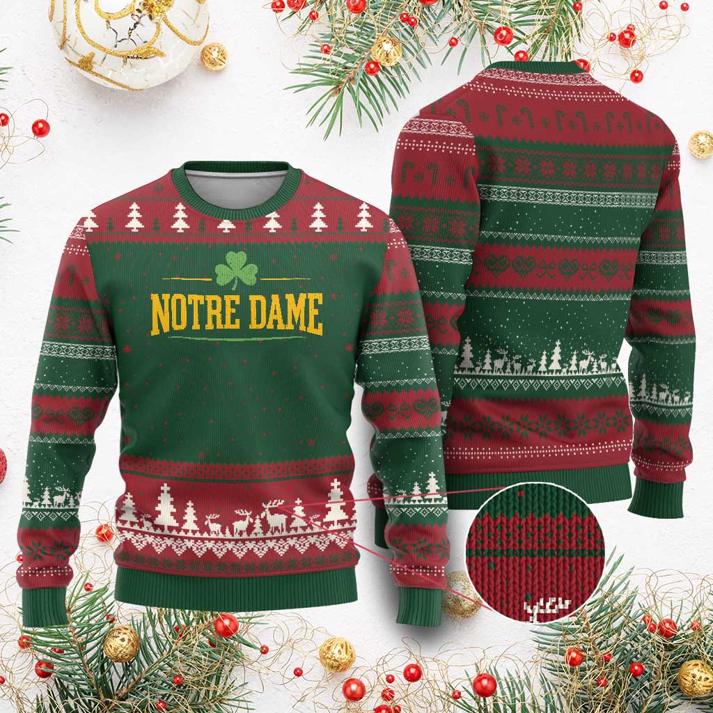 Notre Dame Ugly Christmas Sweater Vintage Varsity Sports IN State Gold Shamrock