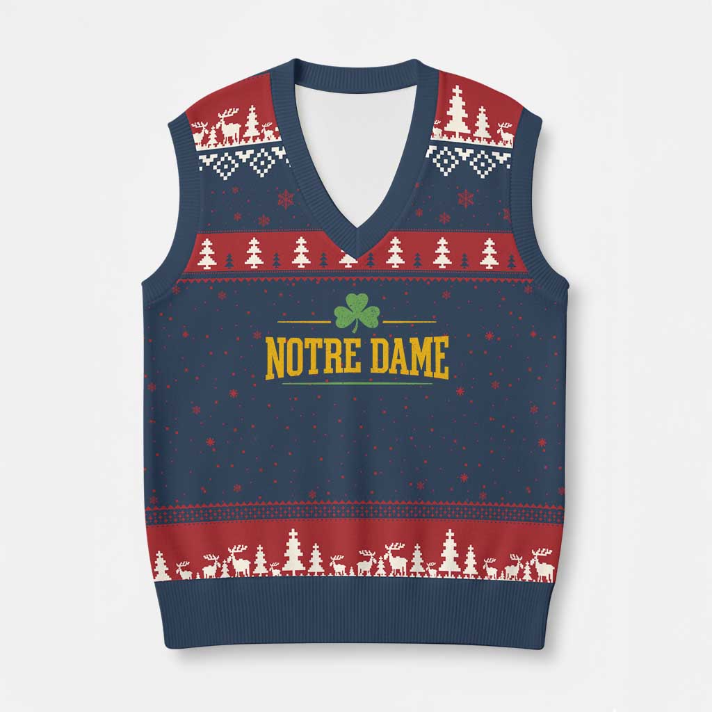 Notre Dame V-Neck Knit Sweater Vest Vintage Varsity Sports IN State Gold Shamrock