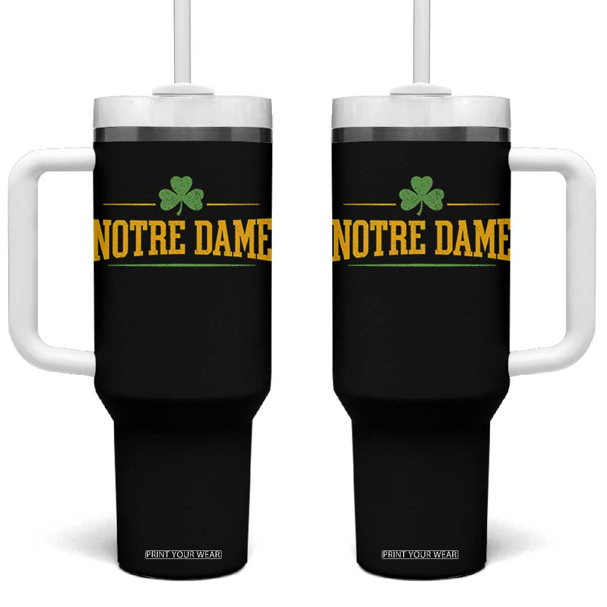 Notre Dame Tumbler With Handle Vintage Varsity Sports IN State Gold Shamrock