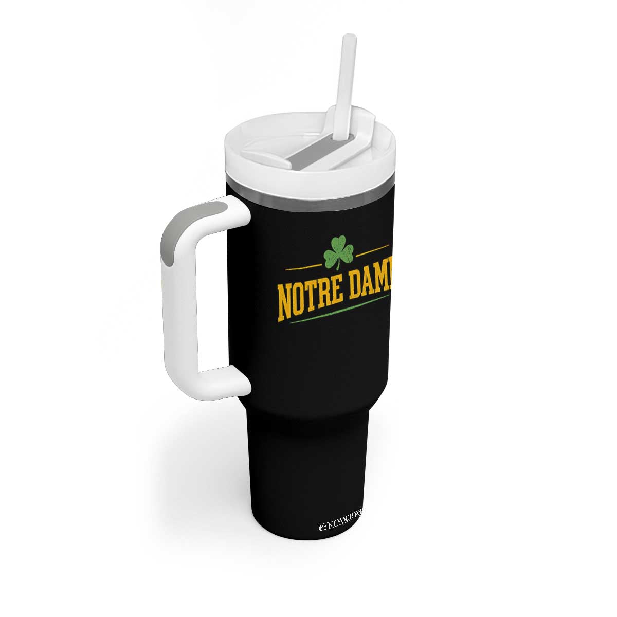 Notre Dame Tumbler With Handle Vintage Varsity Sports IN State Gold Shamrock