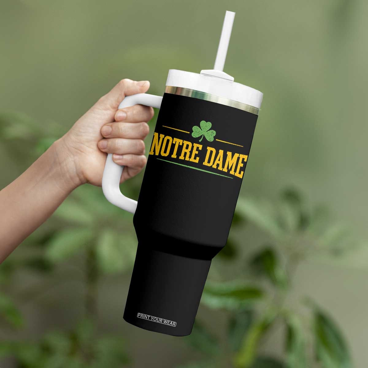 Notre Dame Tumbler With Handle Vintage Varsity Sports IN State Gold Shamrock