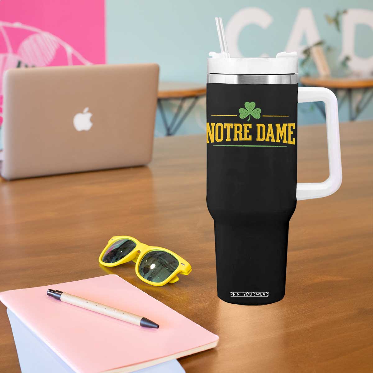 Notre Dame Tumbler With Handle Vintage Varsity Sports IN State Gold Shamrock