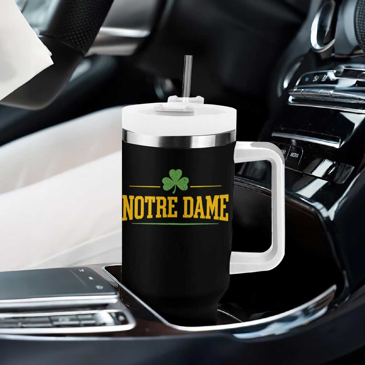 Notre Dame Tumbler With Handle Vintage Varsity Sports IN State Gold Shamrock
