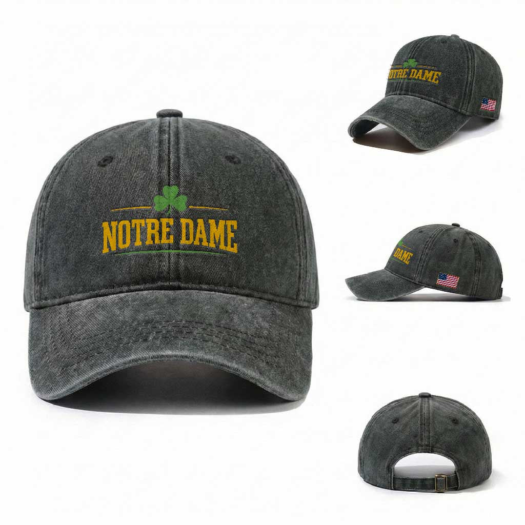 Notre Dame Washed Cotton Baseball Cap Vintage Varsity Sports IN State Gold Shamrock