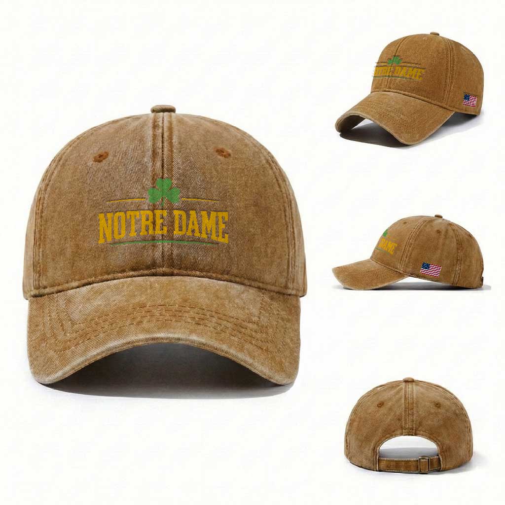 Notre Dame Washed Cotton Baseball Cap Vintage Varsity Sports IN State Gold Shamrock