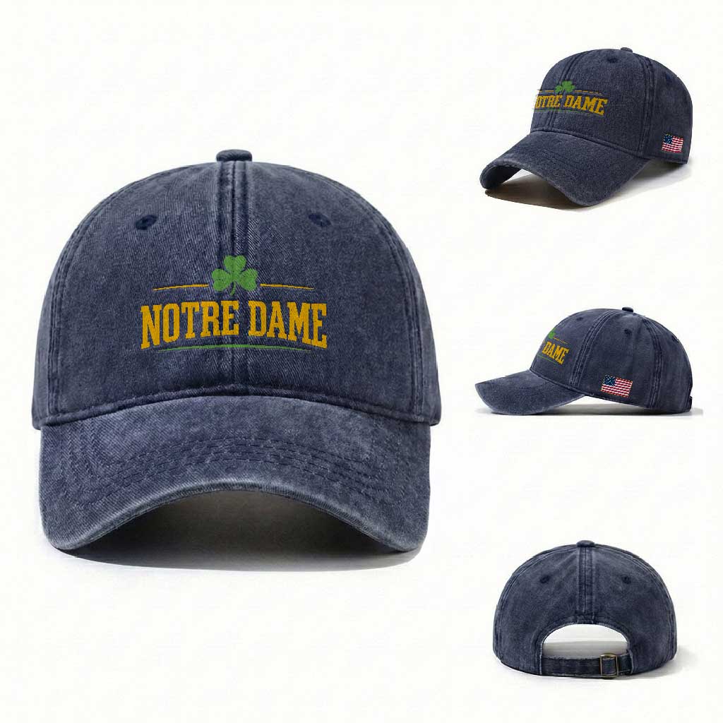 Notre Dame Washed Cotton Baseball Cap Vintage Varsity Sports IN State Gold Shamrock