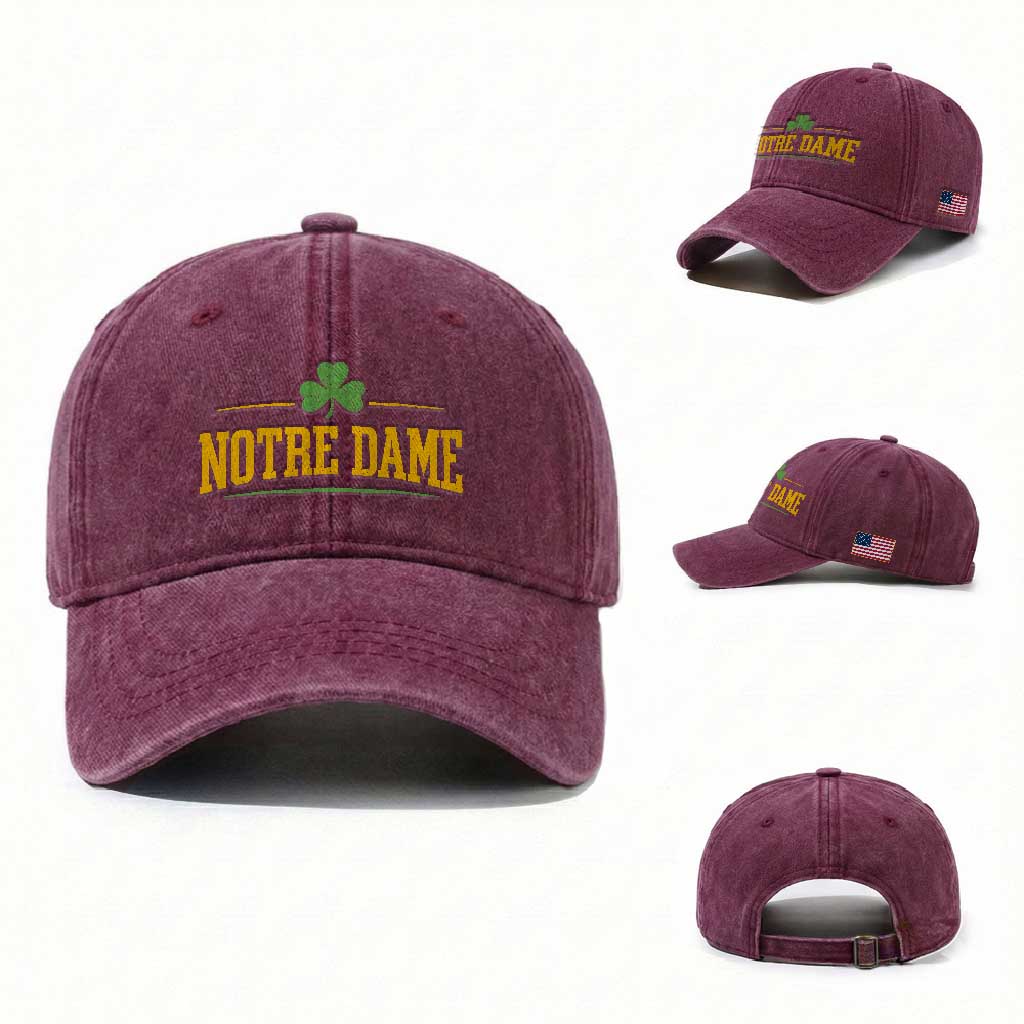 Notre Dame Washed Cotton Baseball Cap Vintage Varsity Sports IN State Gold Shamrock