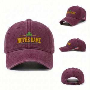 Notre Dame Washed Cotton Baseball Cap Vintage Varsity Sports IN State Gold Shamrock