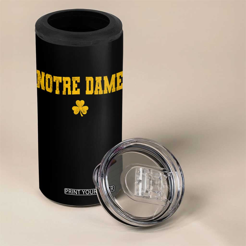 Notre Dame Indiana State 4 in 1 Can Cooler Tumbler Vintage Varsity Sports Jersey Style Gold Shamrock