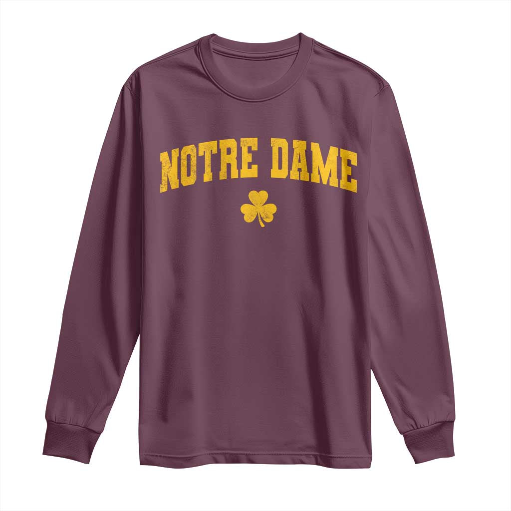 Notre Dame Indiana State Long Sleeve Shirt Vintage Varsity Sports Jersey Style Gold Shamrock