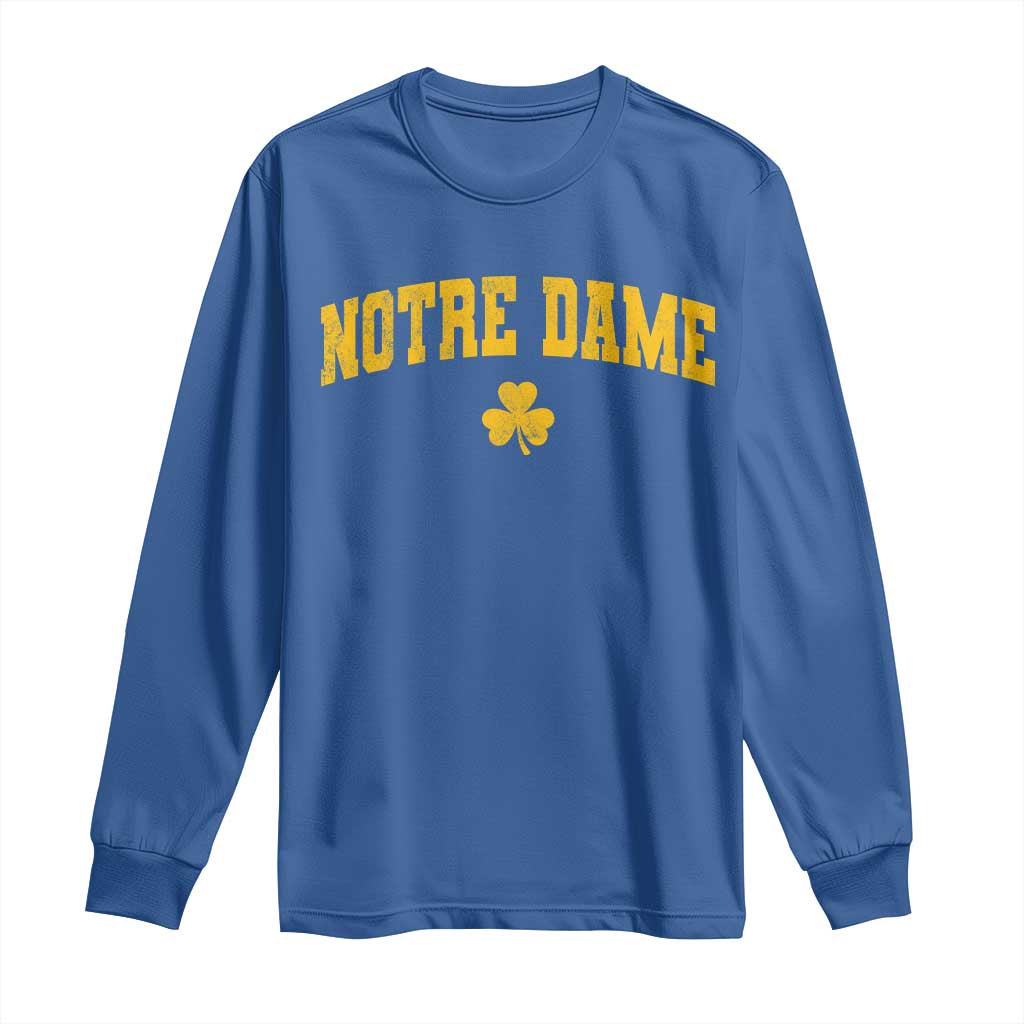 Notre Dame Indiana State Long Sleeve Shirt Vintage Varsity Sports Jersey Style Gold Shamrock