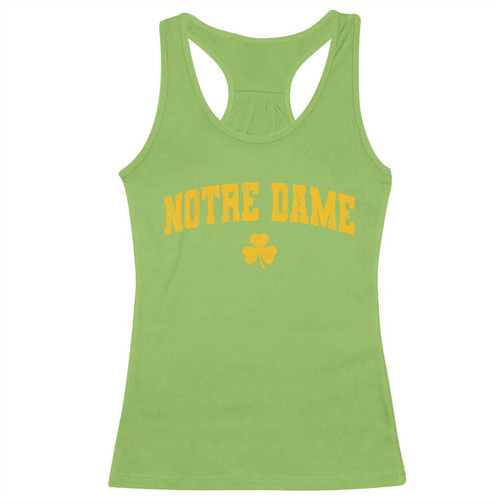 Notre Dame Indiana State Racerback Tank Top Vintage Varsity Sports Jersey Style Gold Shamrock
