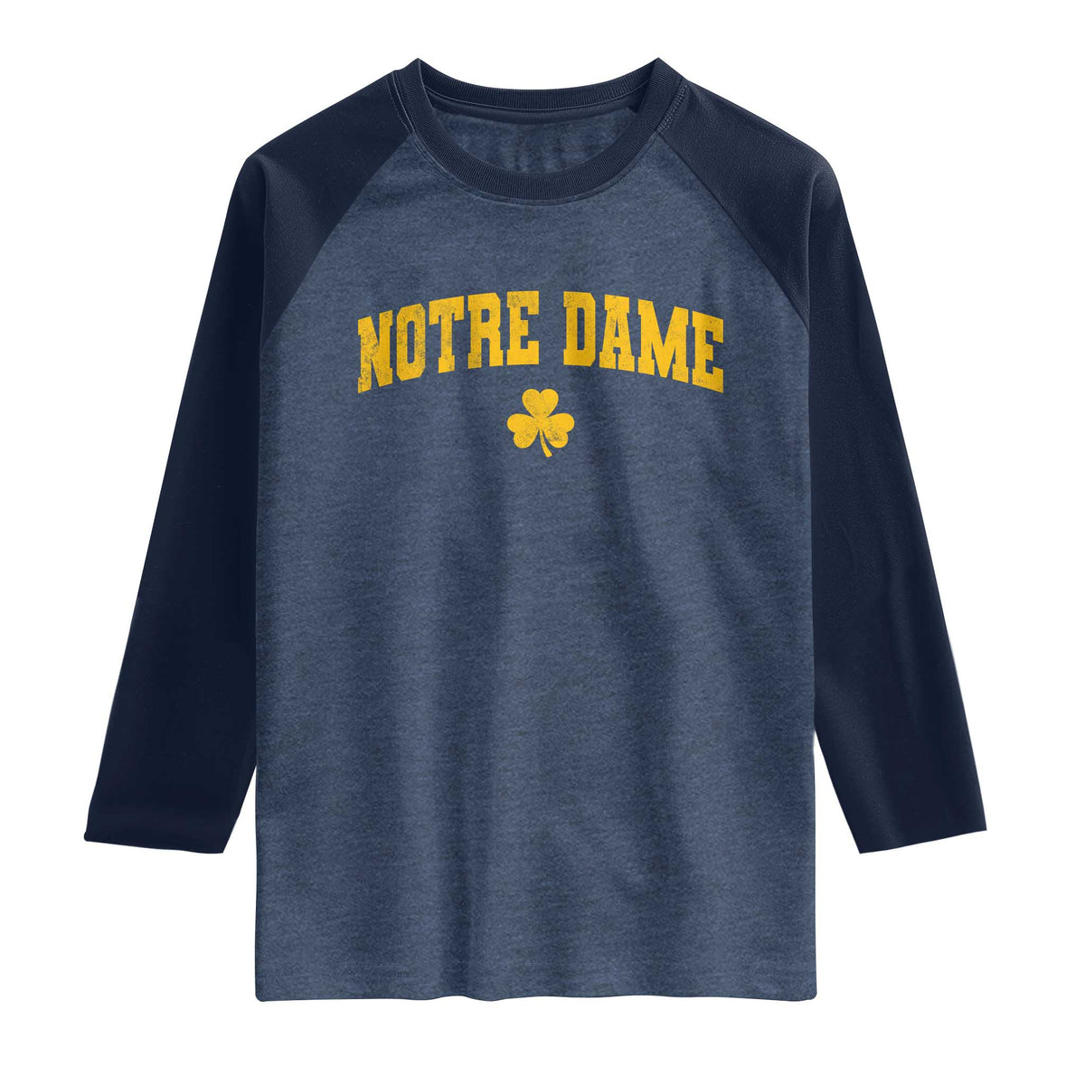 Notre Dame Indiana State Raglan Shirt Vintage Varsity Sports Jersey Style Gold Shamrock
