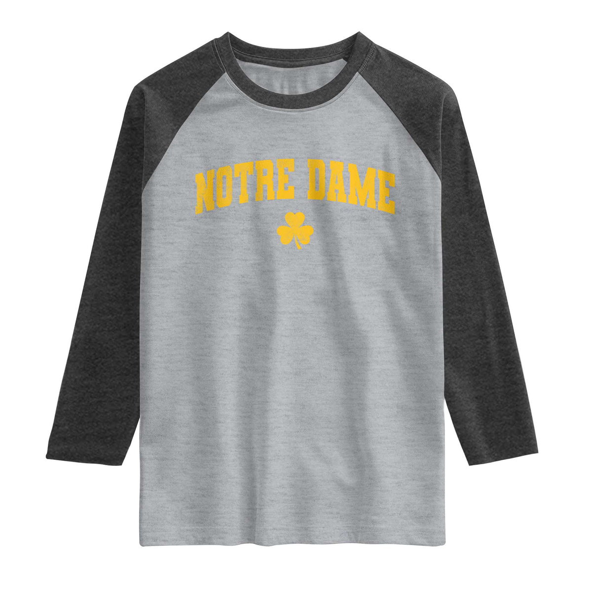 Notre Dame Indiana State Raglan Shirt Vintage Varsity Sports Jersey Style Gold Shamrock