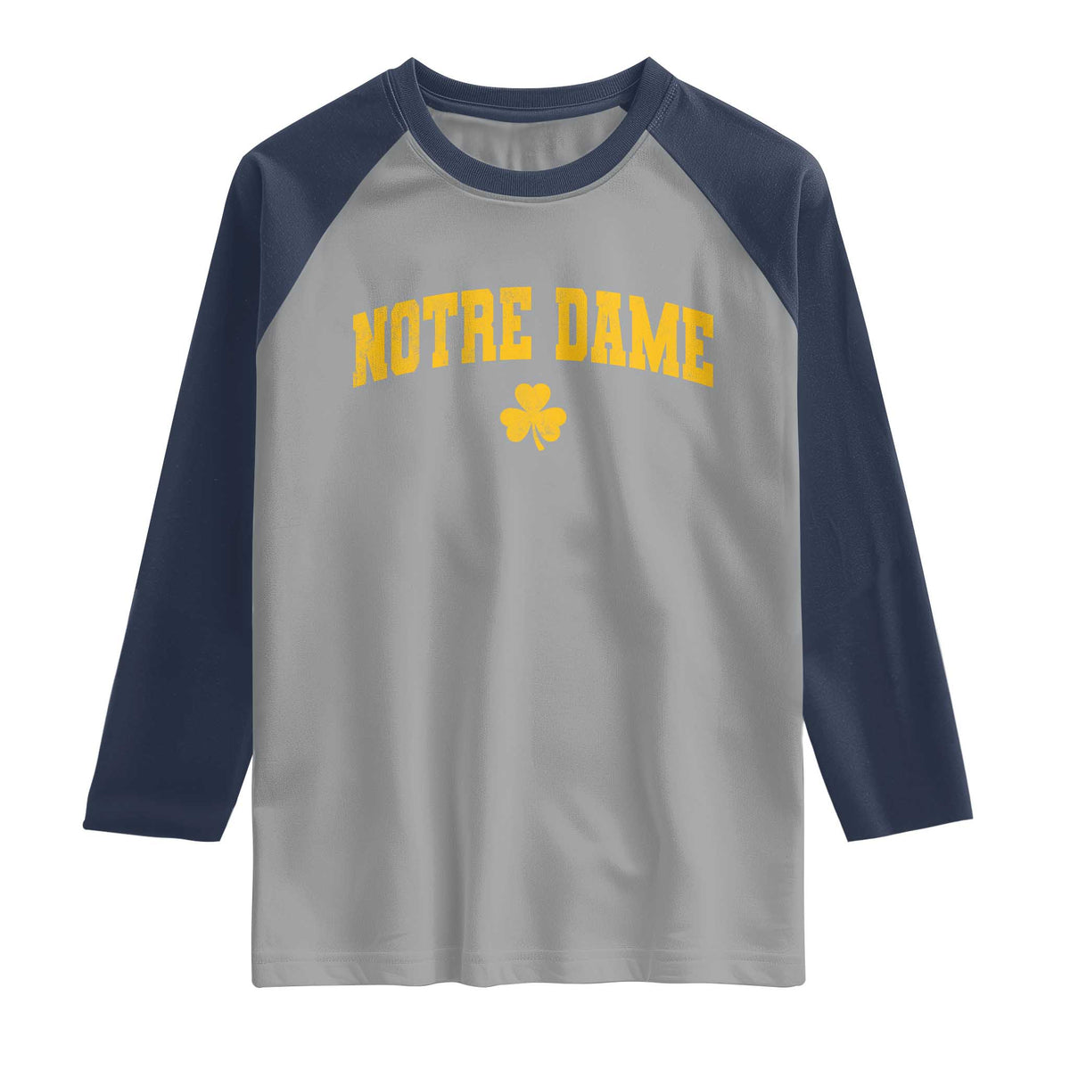 Notre Dame Indiana State Raglan Shirt Vintage Varsity Sports Jersey Style Gold Shamrock