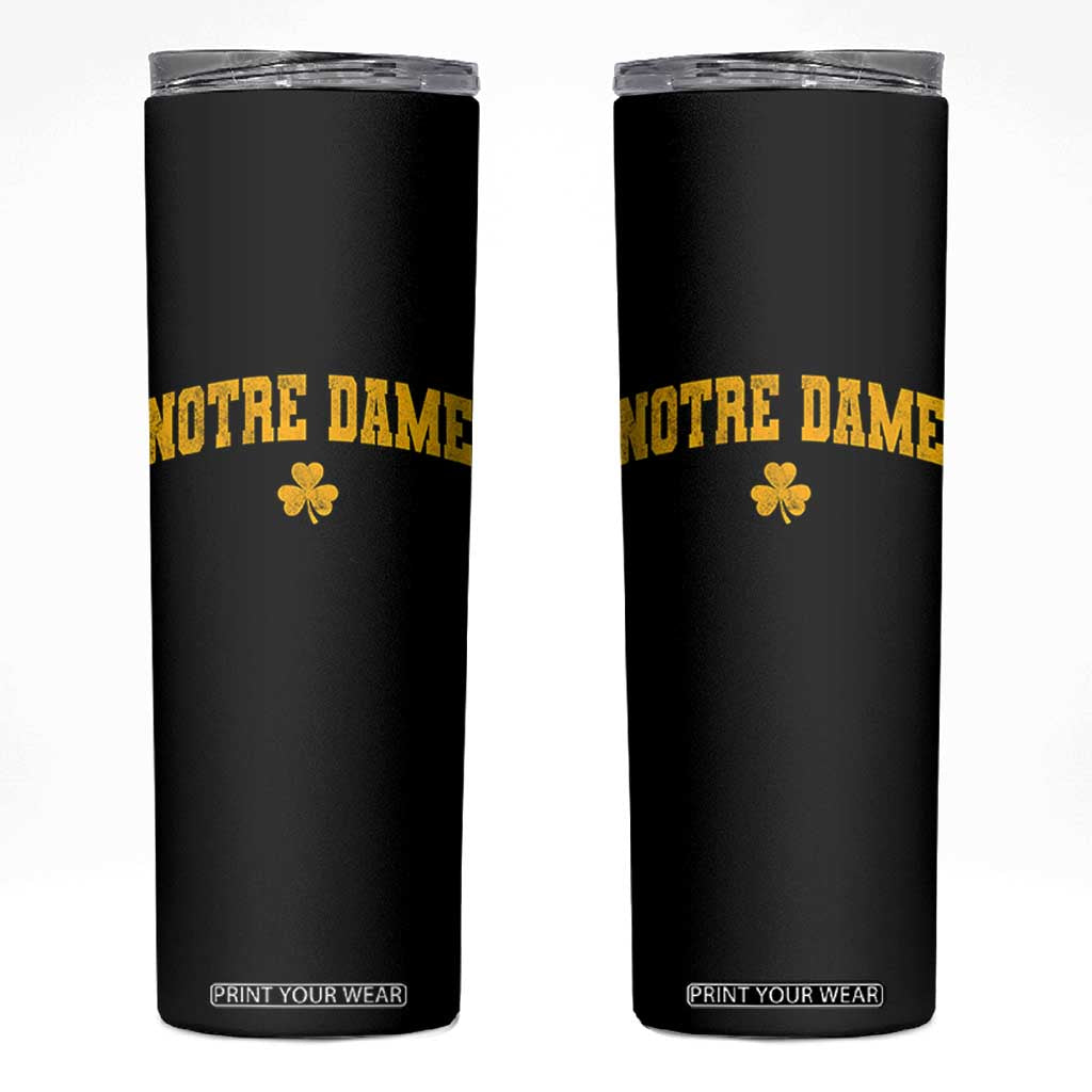Notre Dame Indiana State Skinny Tumbler Vintage Varsity Sports Jersey Style Gold Shamrock TS11 Black Print Your Wear