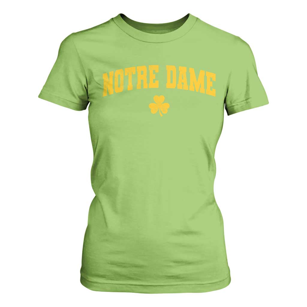 Notre Dame Indiana State T Shirt For Women Vintage Varsity Sports Jersey Style Gold Shamrock