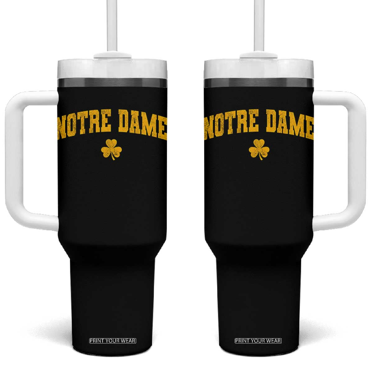 Notre Dame Indiana State Tumbler With Handle Vintage Varsity Sports Jersey Style Gold Shamrock