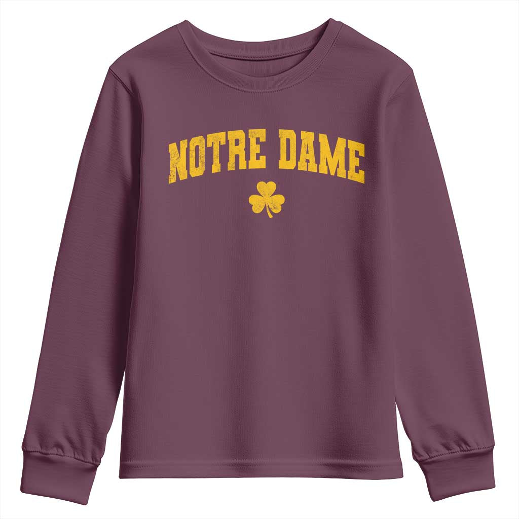 Notre Dame Indiana State Youth Sweatshirt Vintage Varsity Sports Jersey Style Gold Shamrock