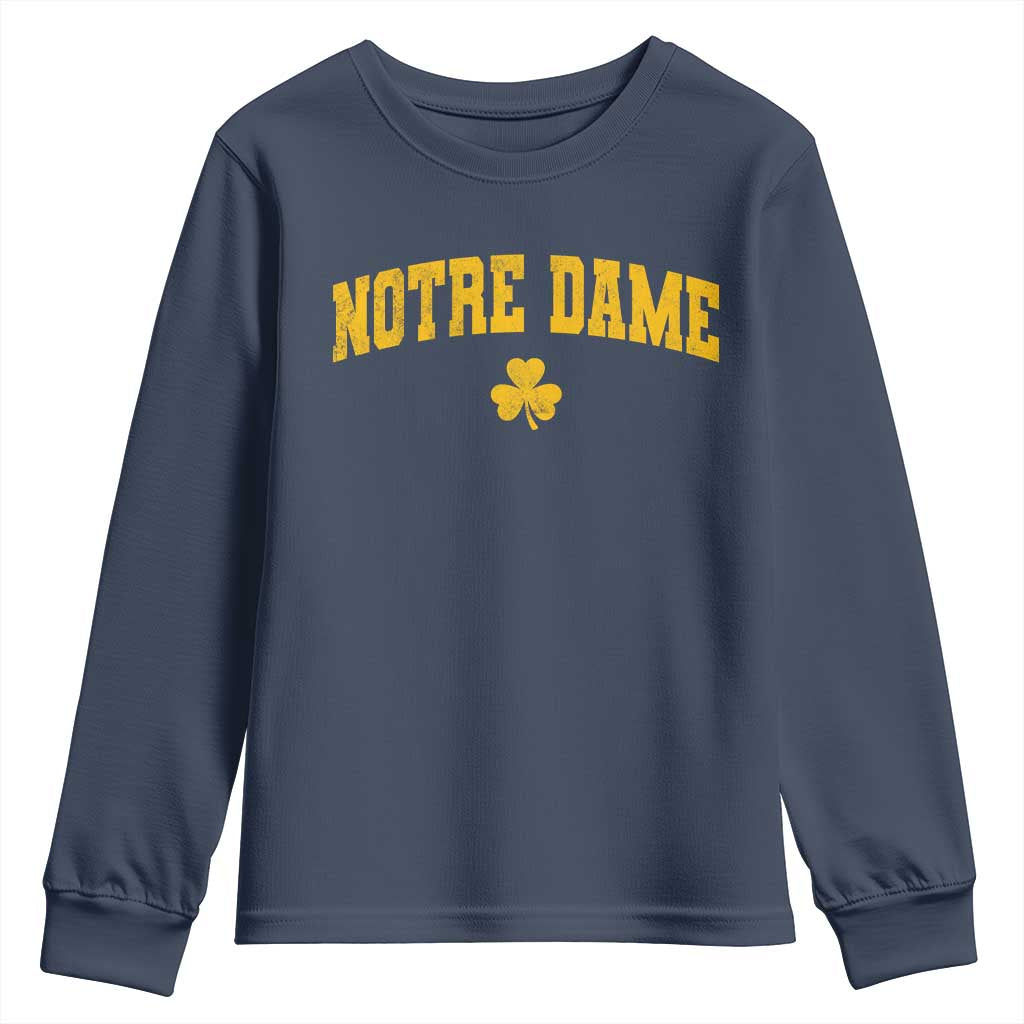 Notre Dame Indiana State Youth Sweatshirt Vintage Varsity Sports Jersey Style Gold Shamrock