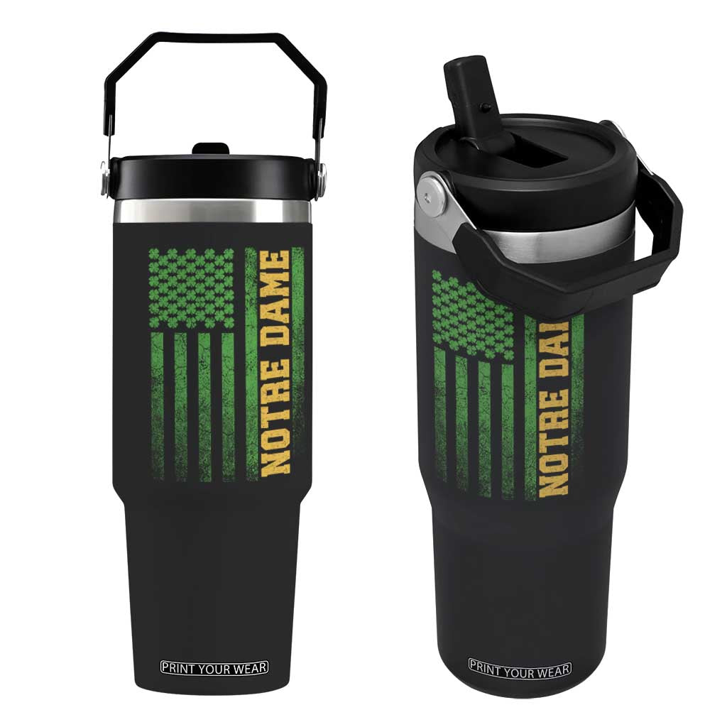 Vintage Notre Dame Indiana Shamrock American Flag Flip Straw Tumbler TS11 One Size: 30 oz Black Print Your Wear