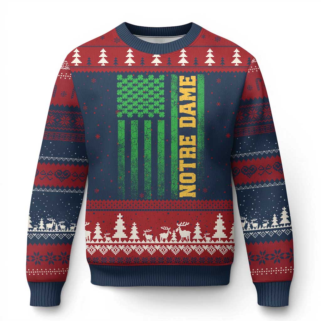Vintage Notre Dame Indiana Shamrock American Flag Ugly Christmas Sweater