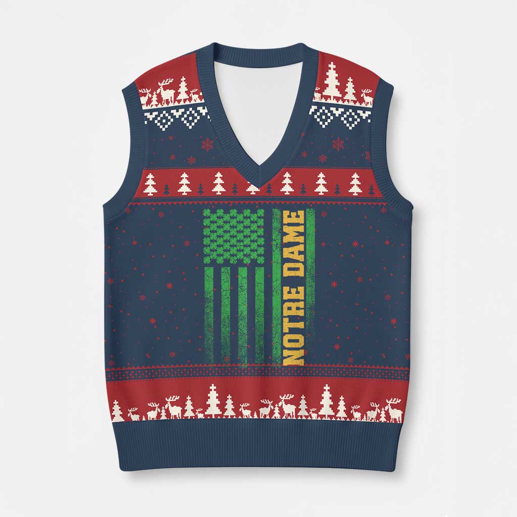 Vintage Notre Dame Indiana Shamrock American Flag V-Neck Knit Sweater Vest TS11 Navy Red Print Your Wear