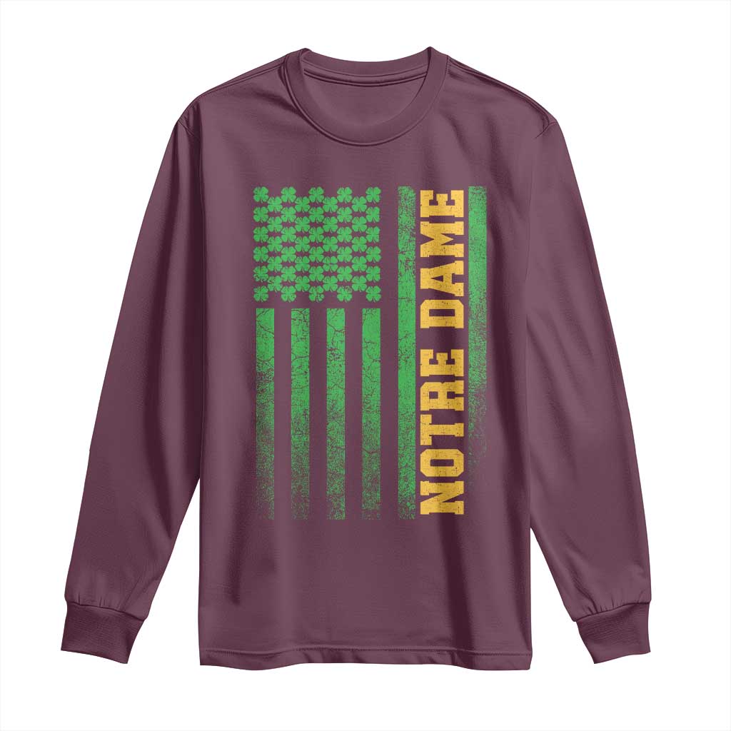 Vintage Notre Dame Indiana Shamrock American Flag Long Sleeve Shirt