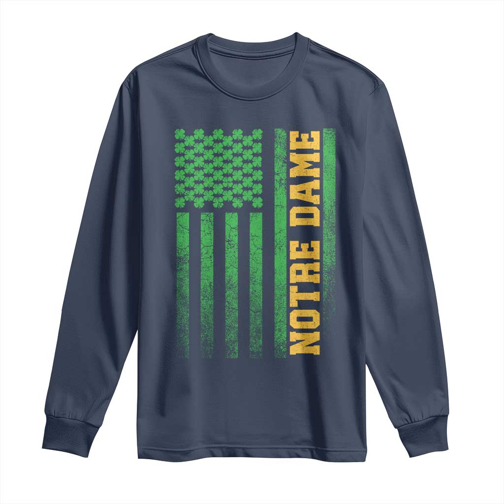 Vintage Notre Dame Indiana Shamrock American Flag Long Sleeve Shirt