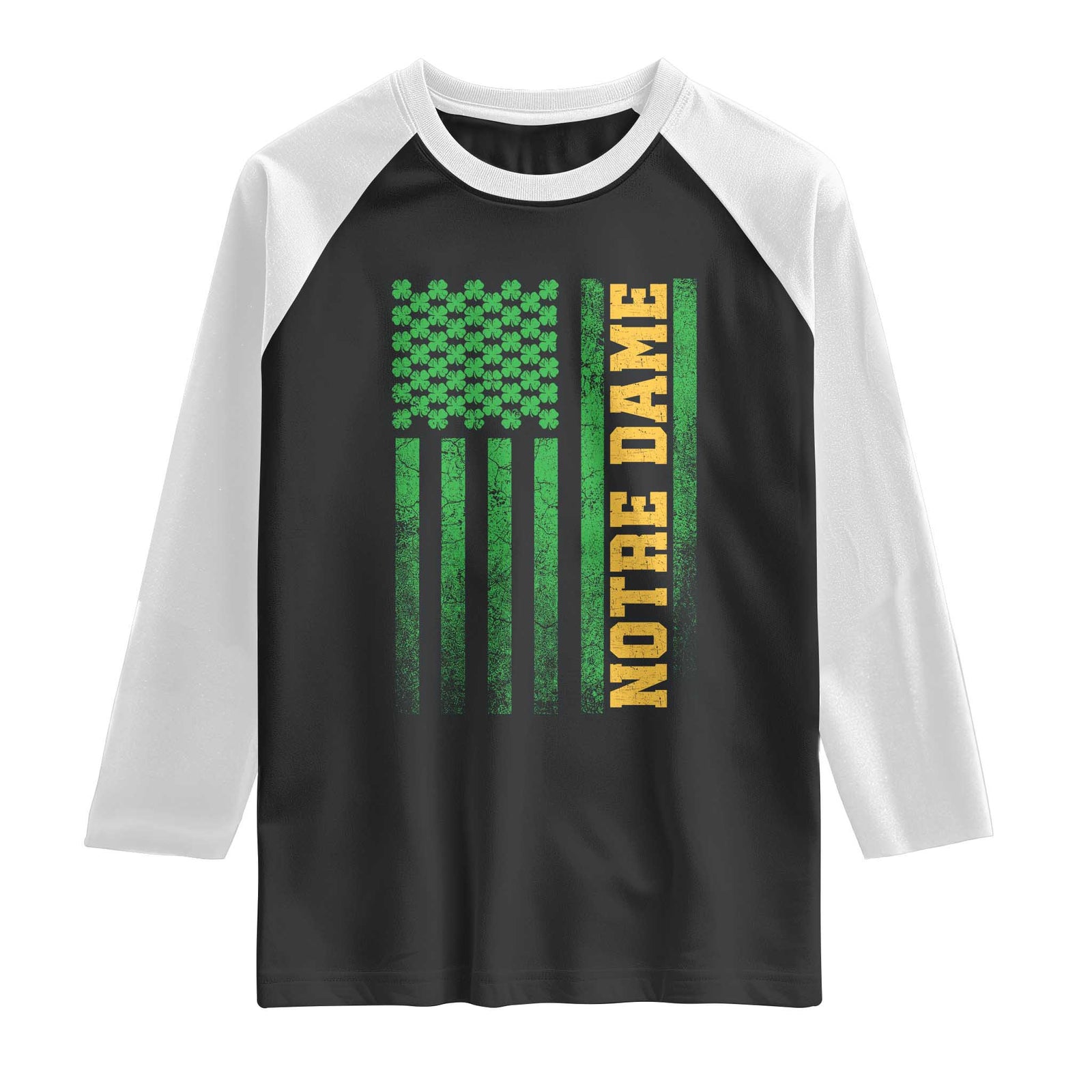 Vintage Notre Dame Indiana Shamrock American Flag Raglan Shirt TS11 Black White Print Your Wear