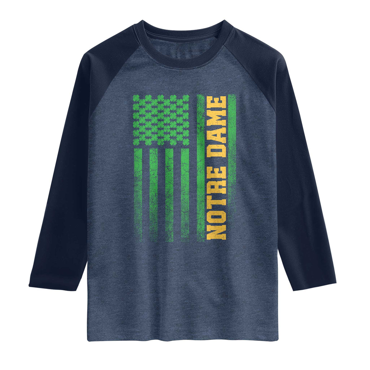 Vintage Notre Dame Indiana Shamrock American Flag Raglan Shirt