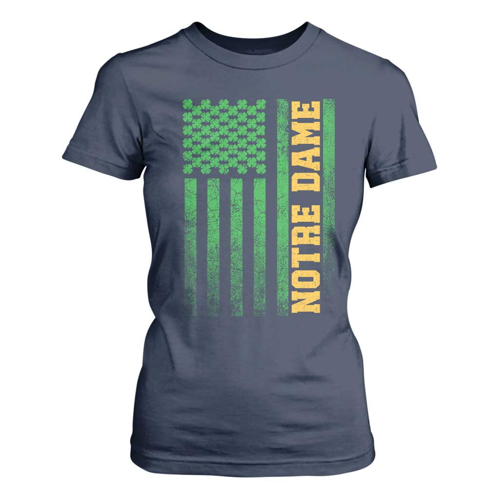 Vintage Notre Dame Indiana Shamrock American Flag T Shirt For Women