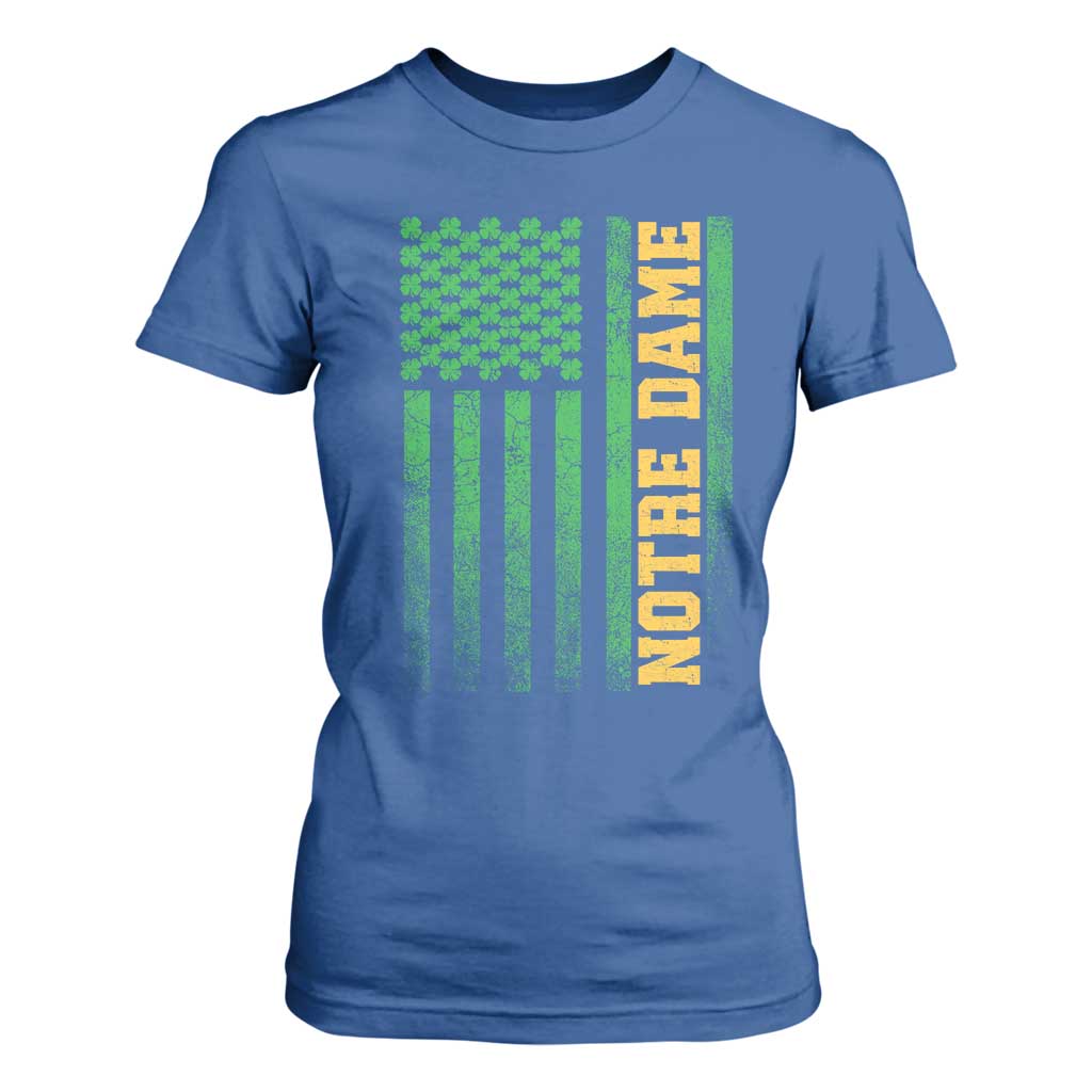 Vintage Notre Dame Indiana Shamrock American Flag T Shirt For Women