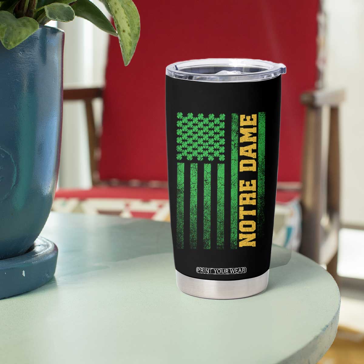 Vintage Notre Dame Indiana Shamrock American Flag Tumbler Cup