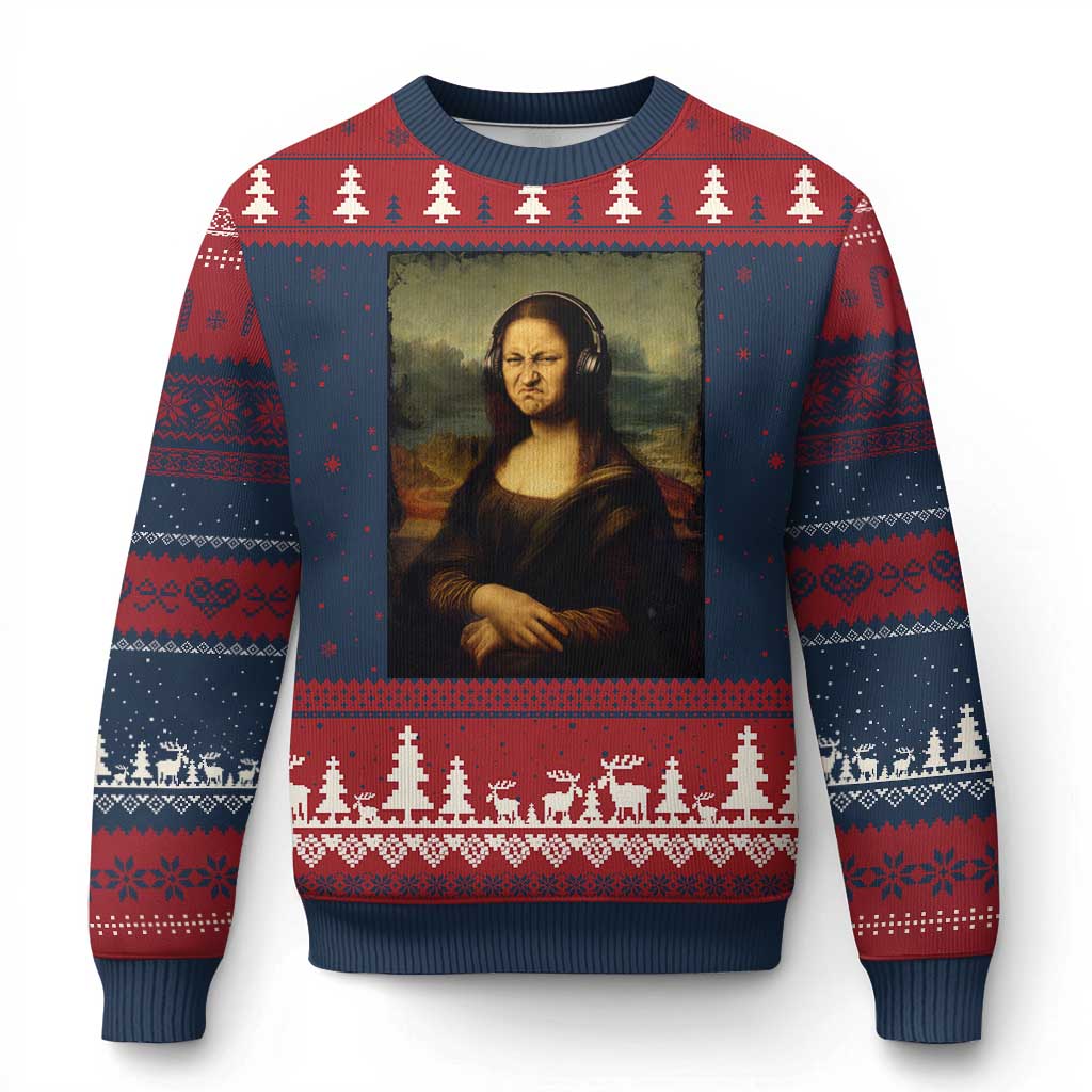 Funny Mona Lisa Bass Face Music Lovers DJs Ugly Christmas Sweater TS11 Navy Red Print Your Wear