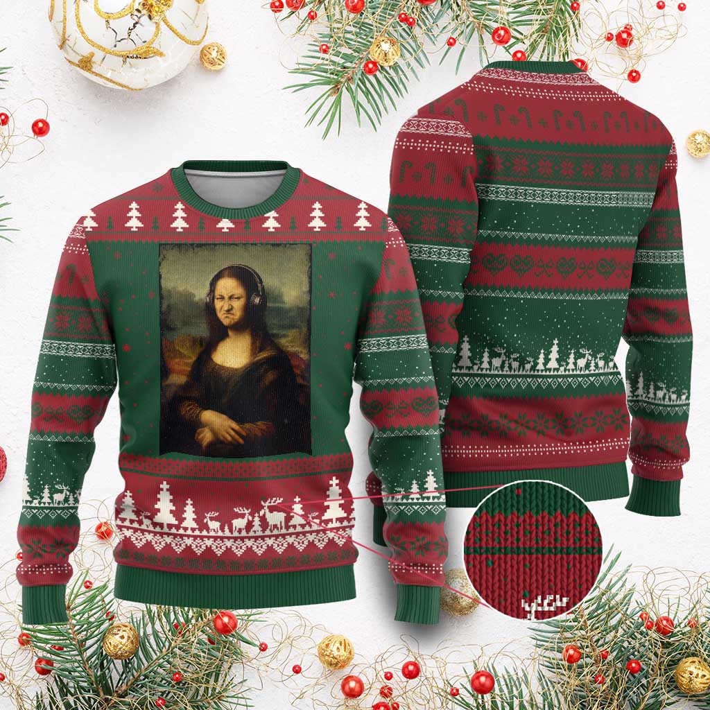 Funny Mona Lisa Bass Face Music Lovers DJs Ugly Christmas Sweater