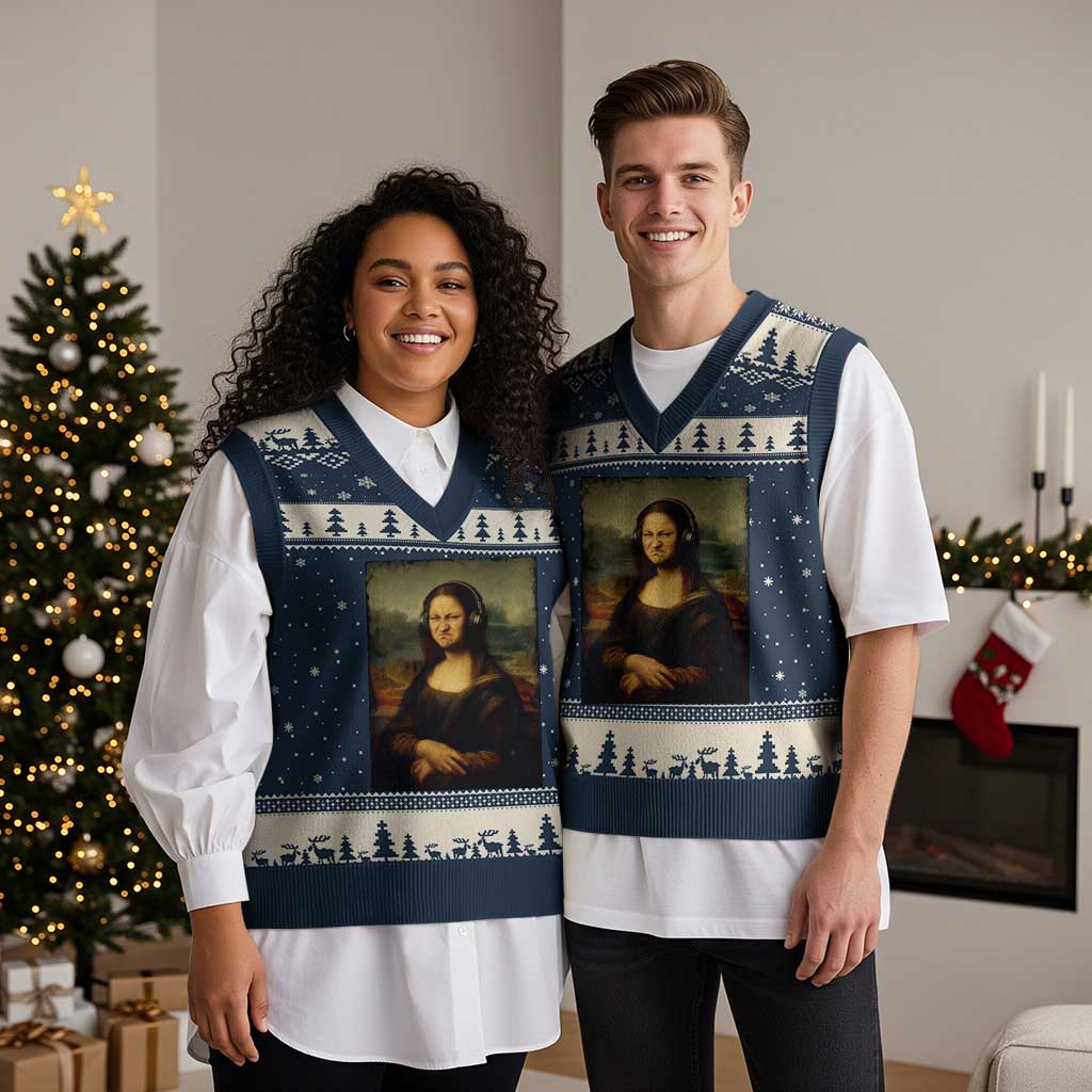 Funny Mona Lisa Bass Face Music Lovers DJs V-Neck Knit Sweater Vest