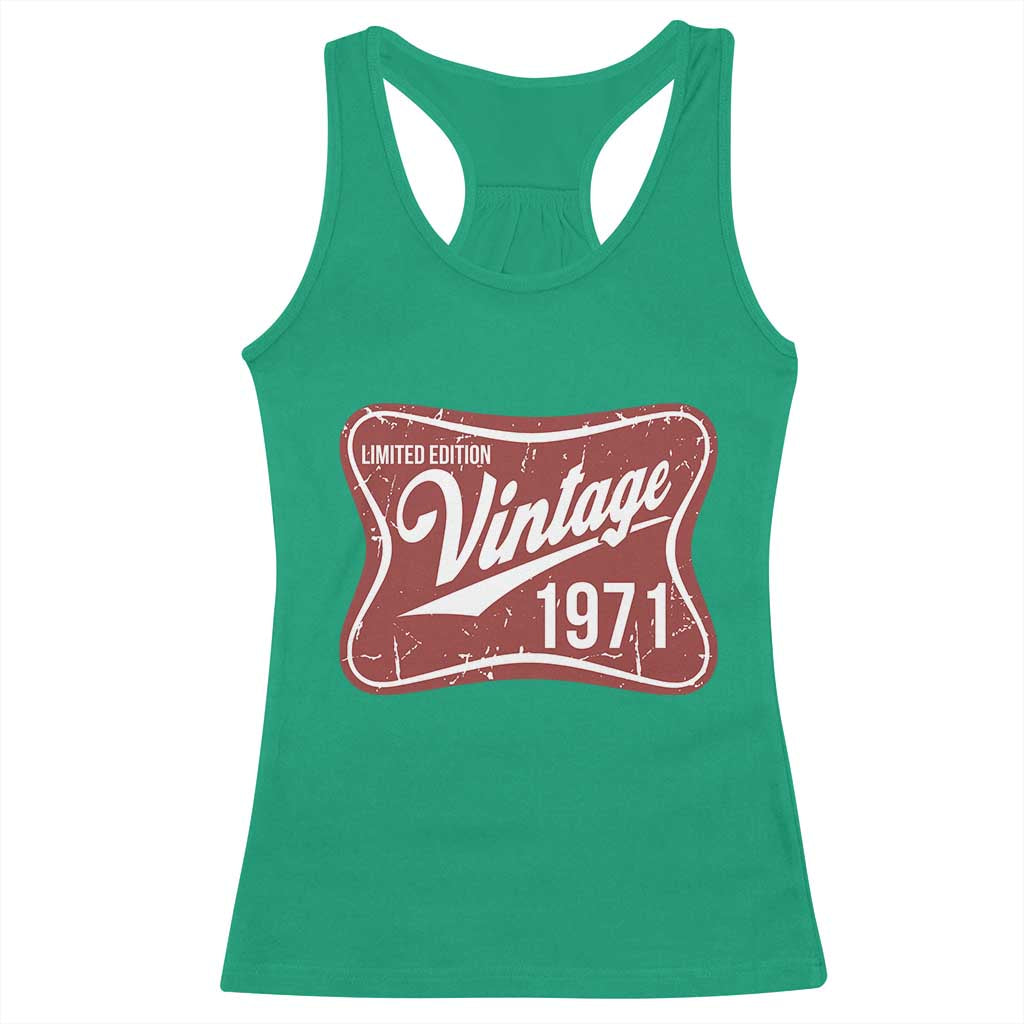 55th Birthday Beer Lover Vintage 1971 Limited Edition Racerback Tank Top Red Metal Beer Soft Sign Graphic