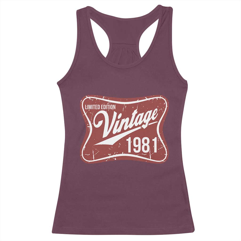 45th Birthday Beer Lover Vintage 1981 Limited Edition Racerback Tank Top Red Metal Beer Soft Sign Graphic
