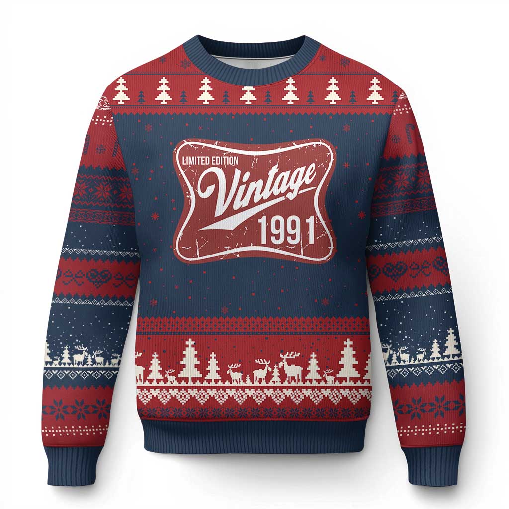 35th Birthday Beer Lover Vintage 1991 Limited Edition Ugly Christmas Sweater Red Metal Beer Soft Sign Graphic