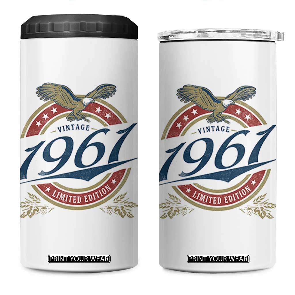 65th Birthday Beer Lover Vintage 1961 Limited Edition 4 in 1 Can Cooler Tumbler Bald Eagle TS11 One Size: 16 oz White Print Your Wear