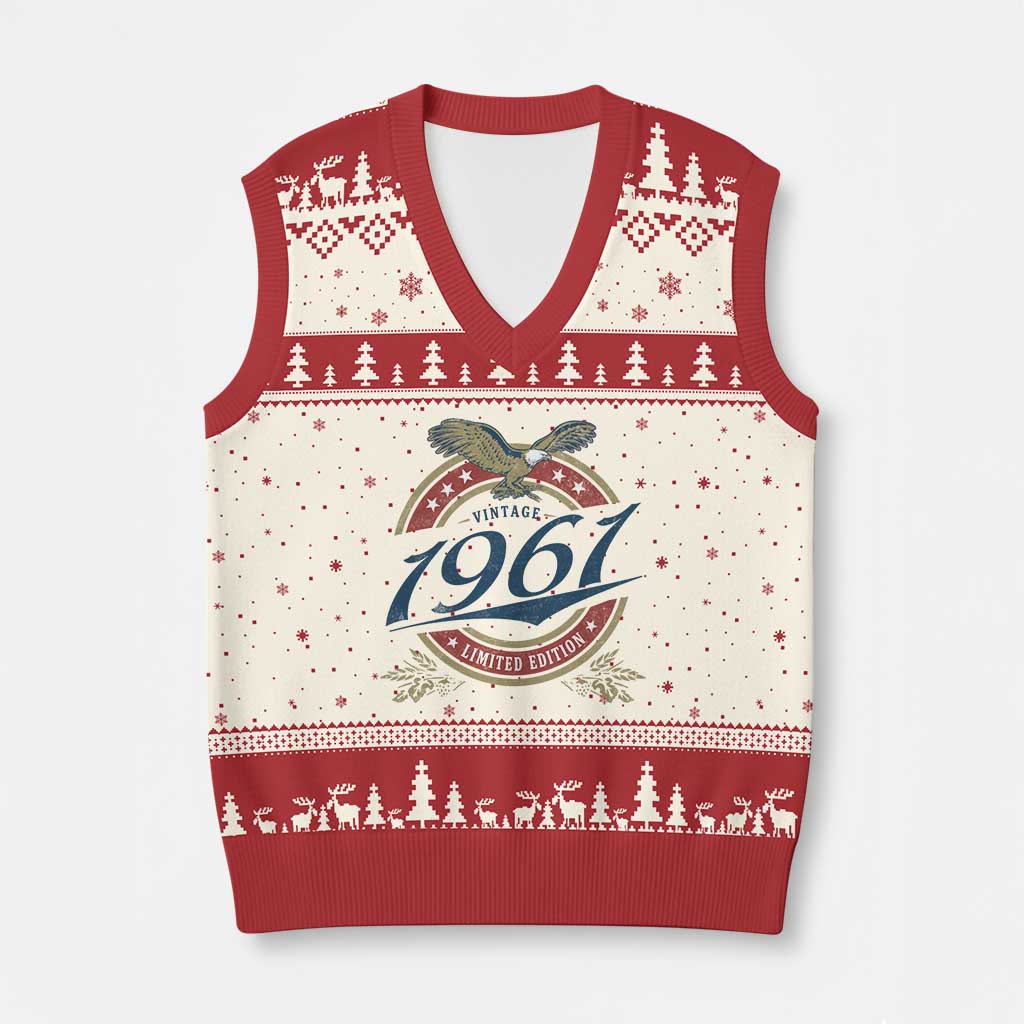 65th Birthday Beer Lover Vintage 1961 Limited Edition V-Neck Knit Sweater Vest Bald Eagle TS11 Beige Red Print Your Wear