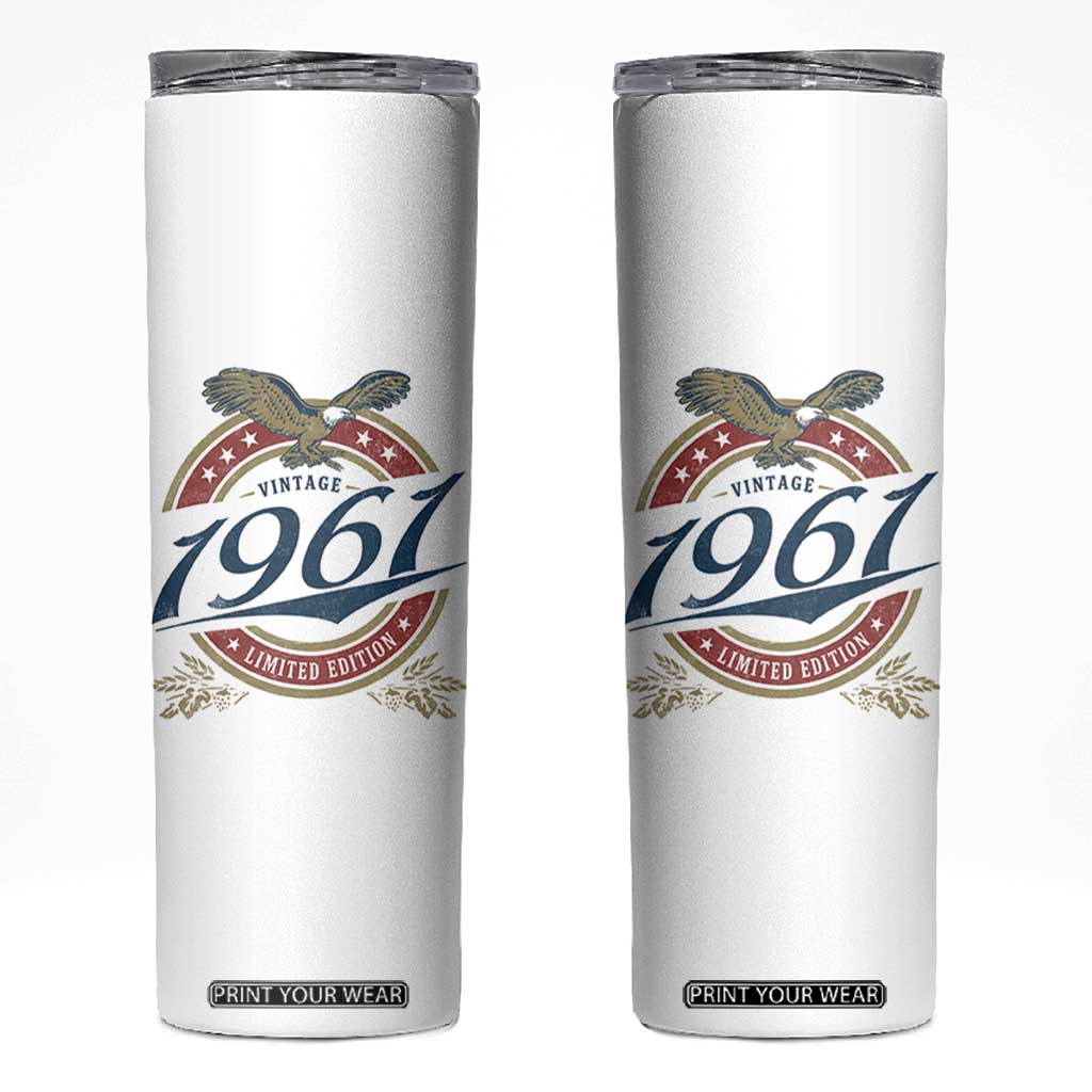 65th Birthday Beer Lover Vintage 1961 Limited Edition Skinny Tumbler Bald Eagle TS11 White Print Your Wear