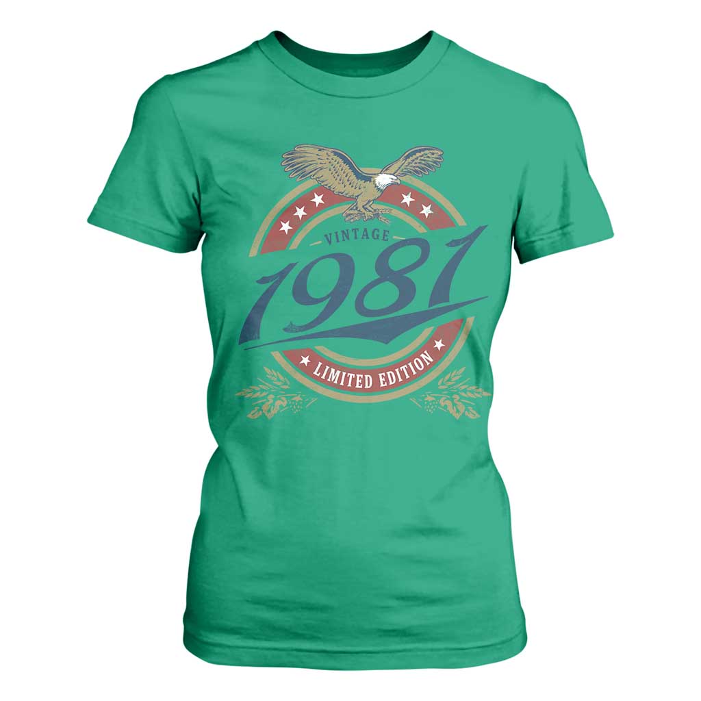 45th Birthday Beer Lover Vintage 1981 Limited Edition T Shirt For Women Bald Eagle