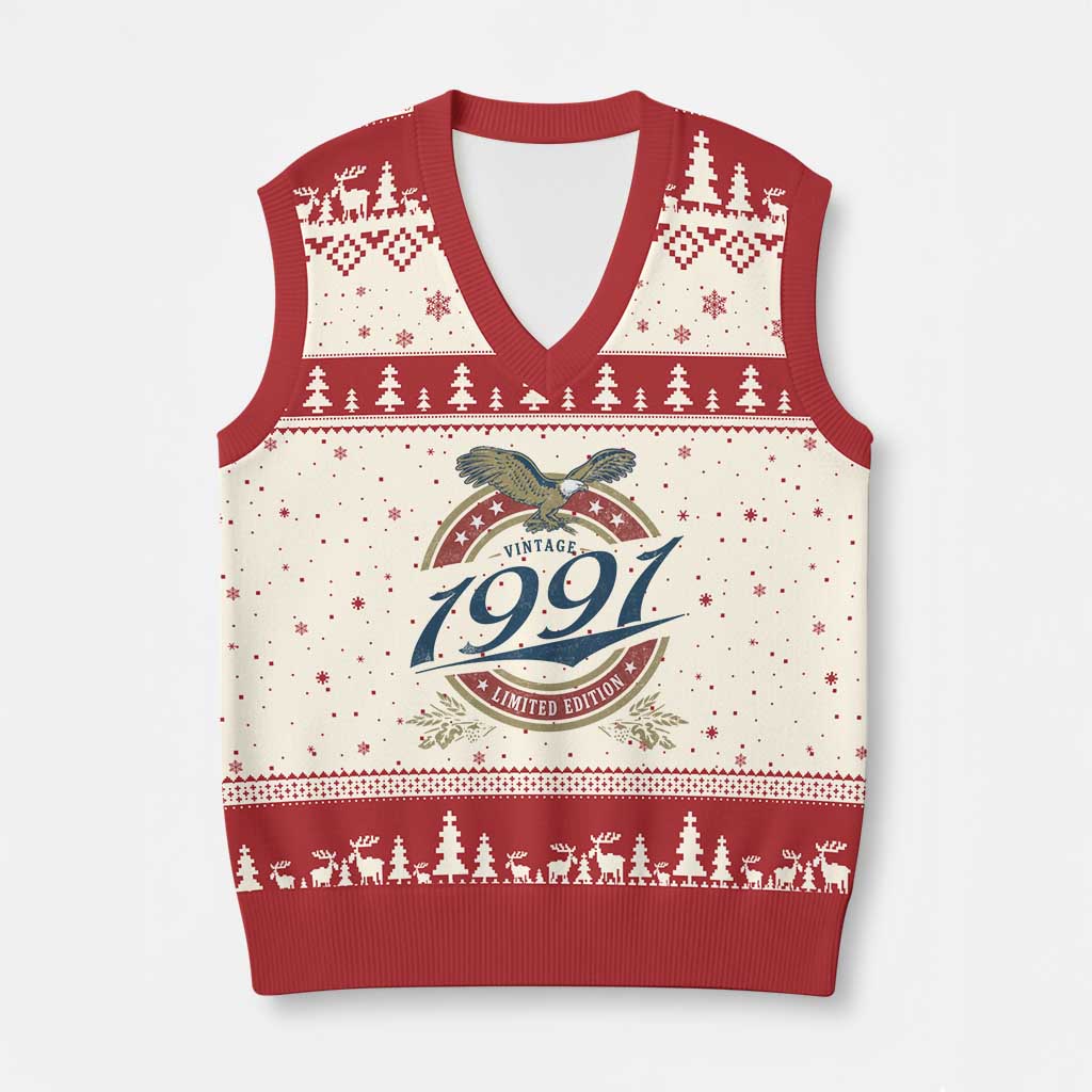 35th Birthday Beer Lover Vintage 1991 Limited Edition V-Neck Knit Sweater Vest Bald Eagle TS11 Beige Red Print Your Wear