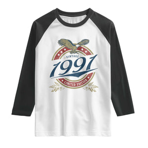 35th Birthday Beer Lover Vintage 1991 Limited Edition Raglan Shirt Bald Eagle